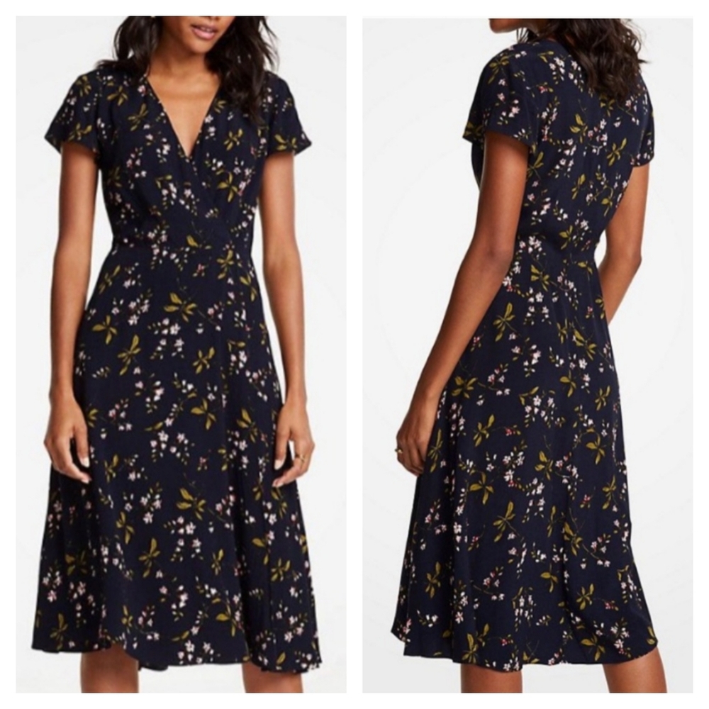 Ann Taylor Navy Blue Night Sky Floral Ruffle Faux Wrap Dress Size 16